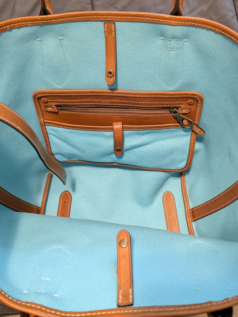 Ralph Lauren Bellport Reversible Turquoise Canvas Tote with Tan Leather Trim - Picture 4 of 6